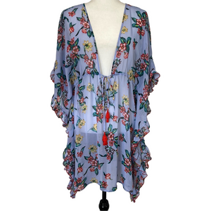 Jessica Simpson Swim Cover-Up M Resort Ruffle Floral Caftan Kimono Vacation Mesh